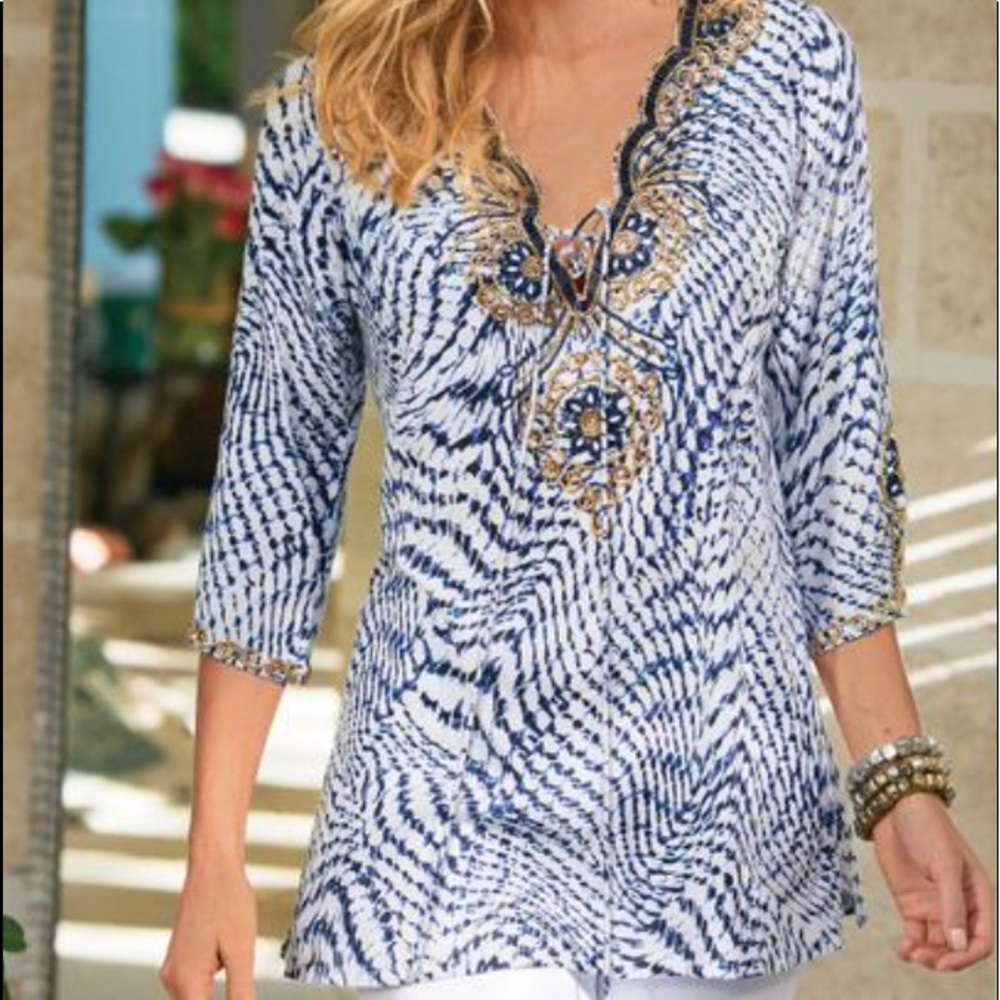 Blue and White Beaded Tunic NWOT